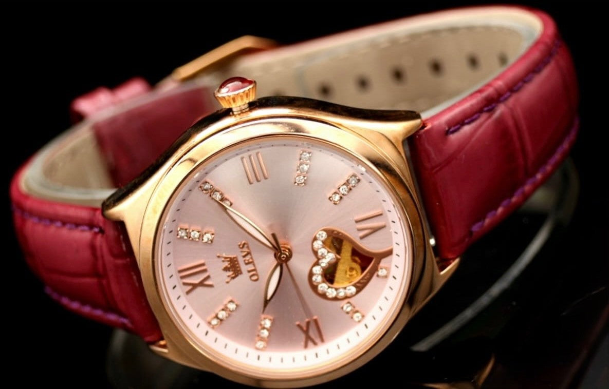 OLEVS Damen Frauen Automatik Uhr Automatikuhr Rosa Rot Farben mit Lederband Neu3