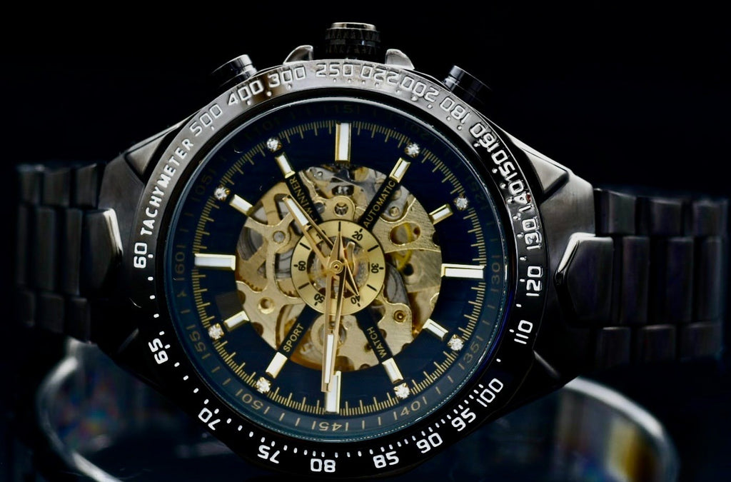 T-Winner Herren Automatikuhr Schwarz Gold Sport Skelett Uhr Edelstahl 44mm1