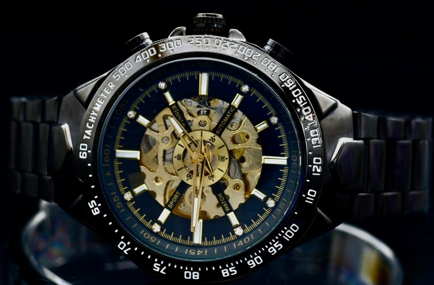 T-Winner Herren Automatikuhr Schwarz Gold Sport Skelett Uhr Edelstahl 44mm1