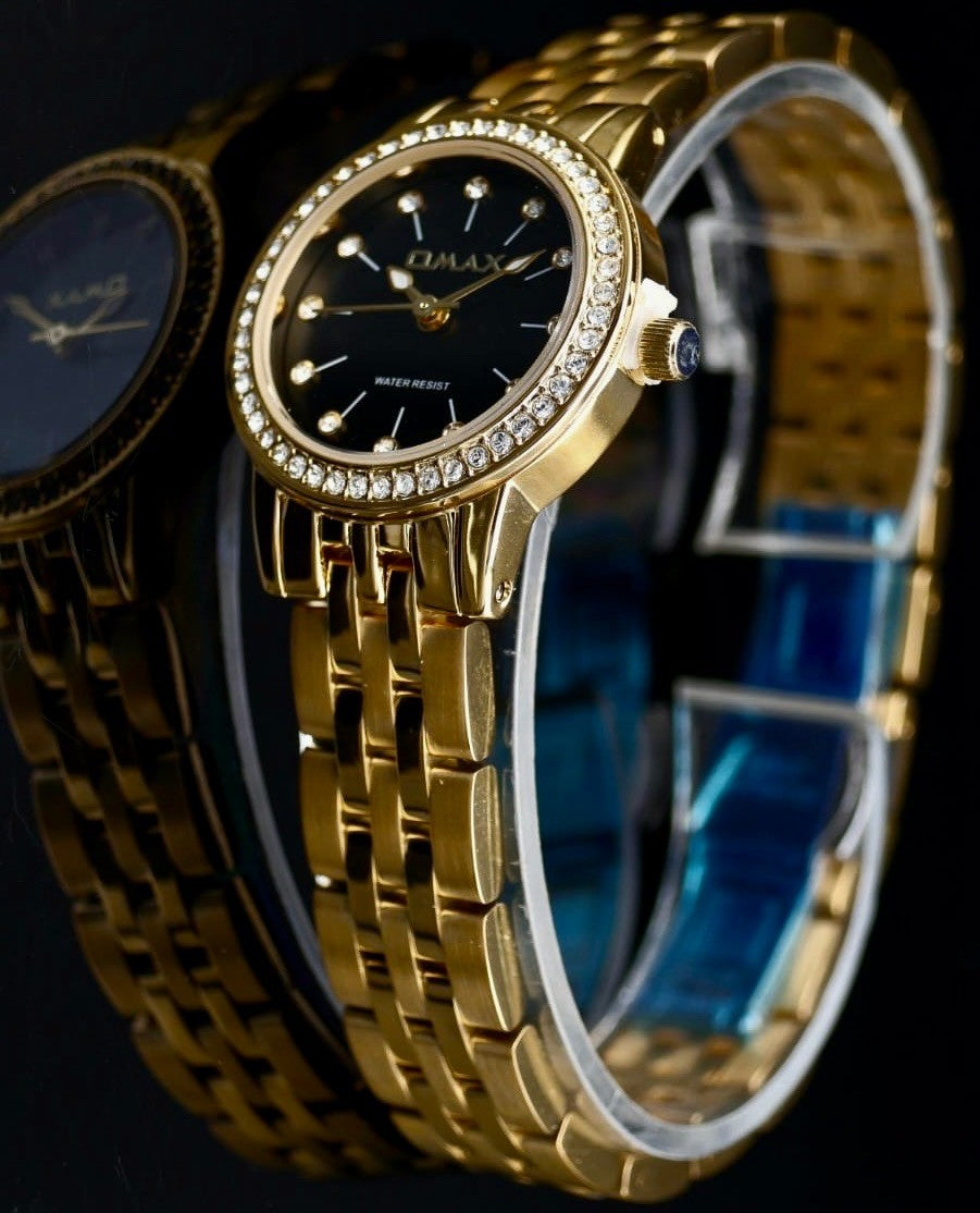 Edle Omax  Damen Armband Uhr Schwarz Gold Farben Damenuhr Strass IP Veredelt NEU0