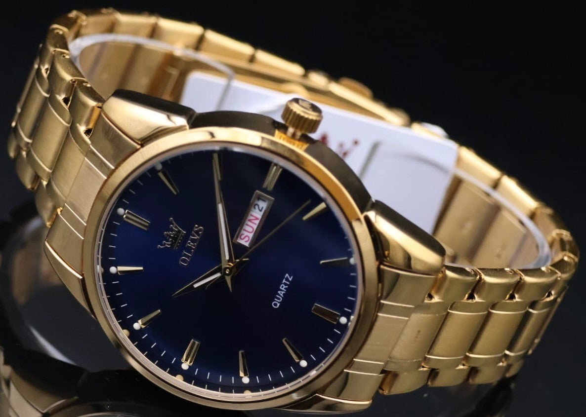 OLEVS Herren Männer Armband Uhr Herrenuhr Blau Gold Farben & Tag/ Datumsanzeige1