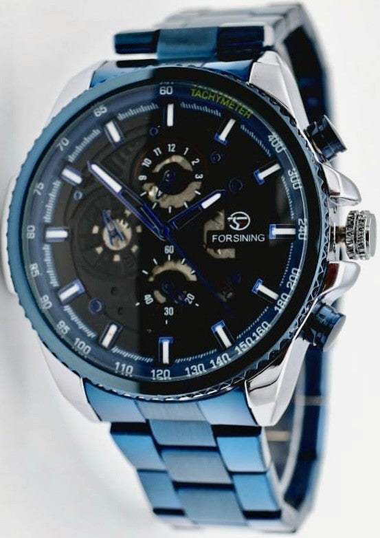 Sportliche Herren Männer Automatik Uhr Blau Silber Farben Vollkalender Datum NEU0