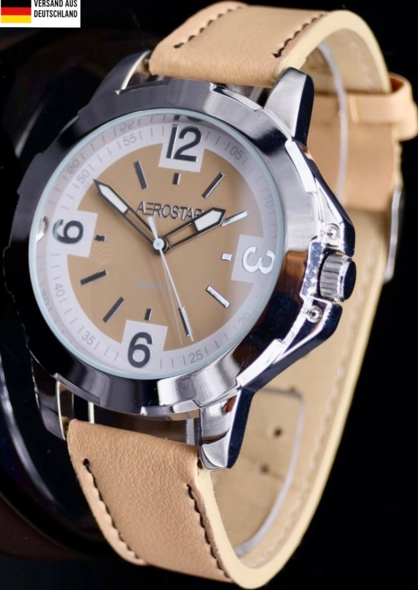 Aerostar Herren Männer Armband Uhr Silber Braun Farben Herrenuhr Mineralglas0