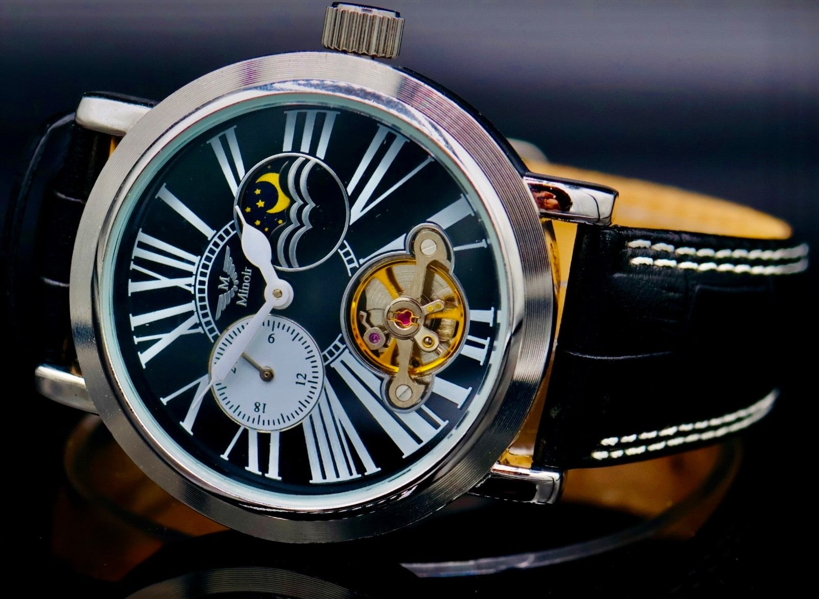 Herren Uhr Automatikuhr Armbanduhr Minoir Herrenuhr mit schwarzemL ederband 031