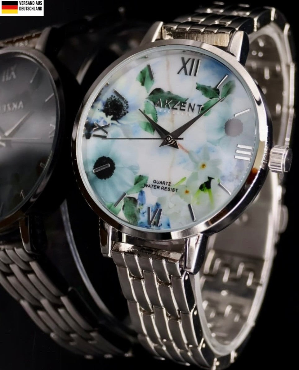 Elegante Akzent Damen Frauen Armband Uhr Silber Farben Damenuhr Blumen Muster0