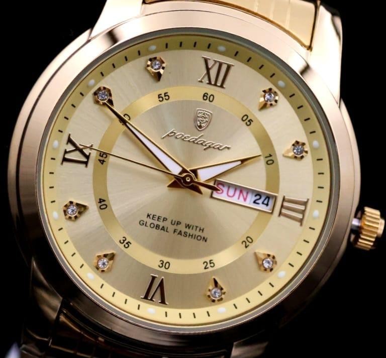 Herren Edelstahl Armband Uhr Herrenuhr GoldFarben mit Tag/Datumsanzeige Strass3