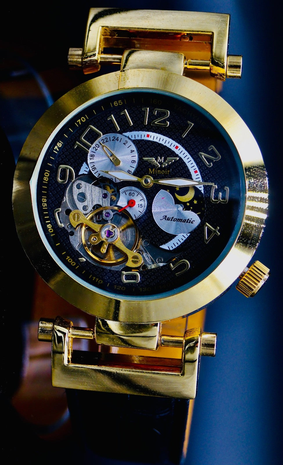 Edle Herren Uhr Automatikuhr Armbanduhr Minoir  Schwarz Farben offene Unruh0