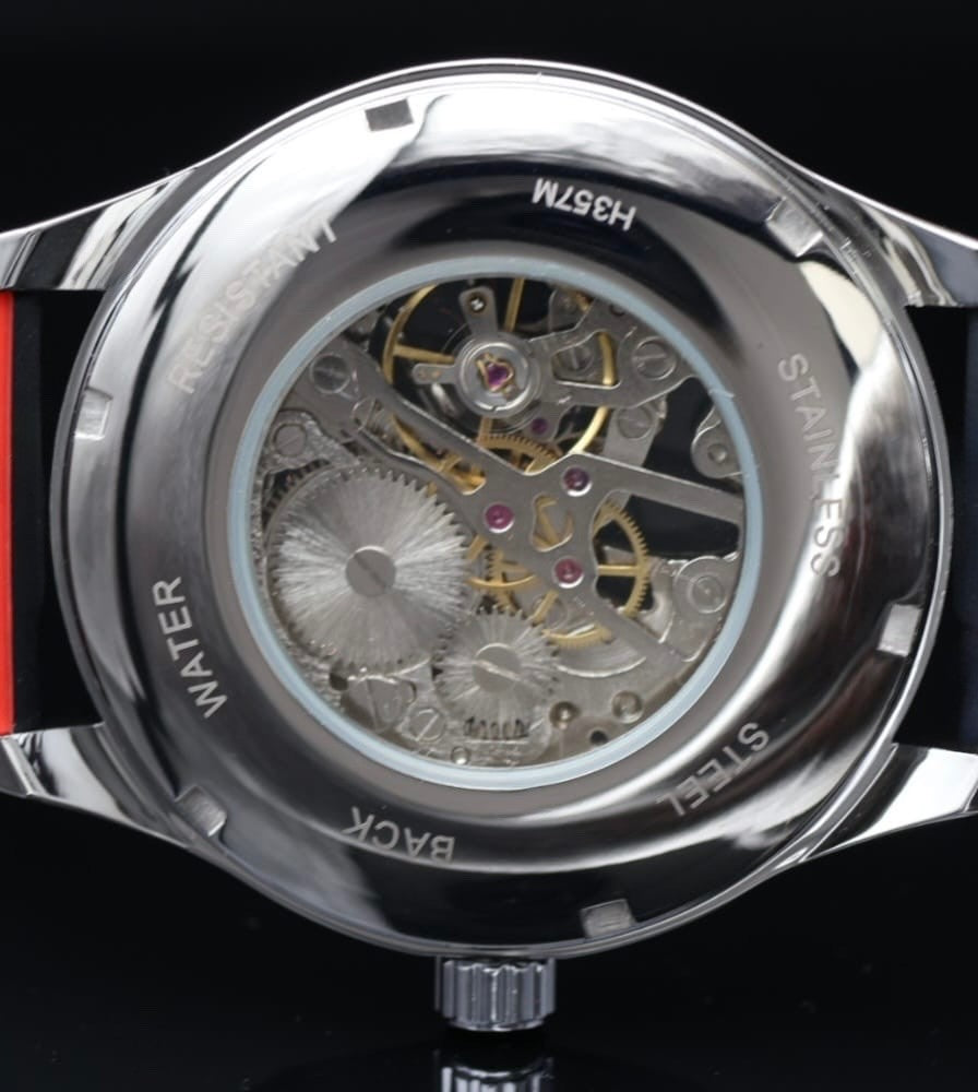 T-WINNER Herren Automatikuhr Silber Rot Skelett Uhr Silikonband Sport Design4