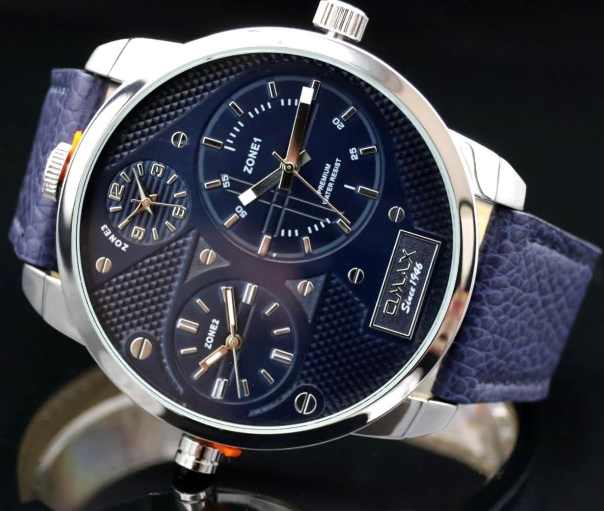 Edle XXL Omax  Monster Watch Herren Armband Uhr Blau Dual Triple Timer NEU1