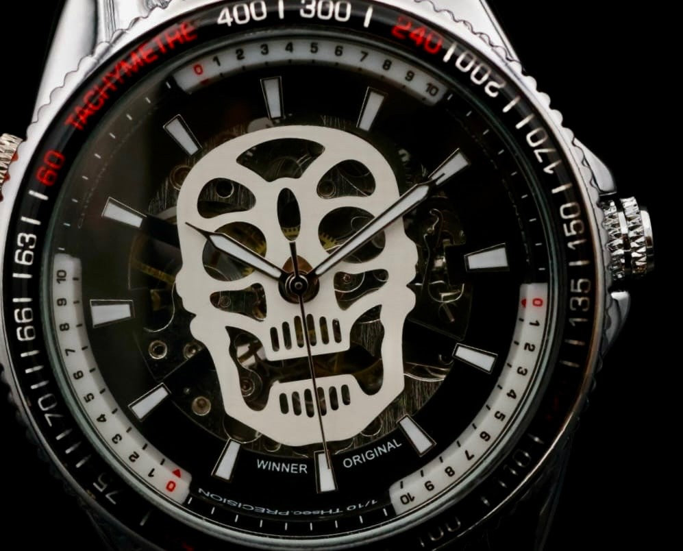 Original Winner Herren Automatik Armbanduhr in Silber Automatikuhr mit Totenkopf0
