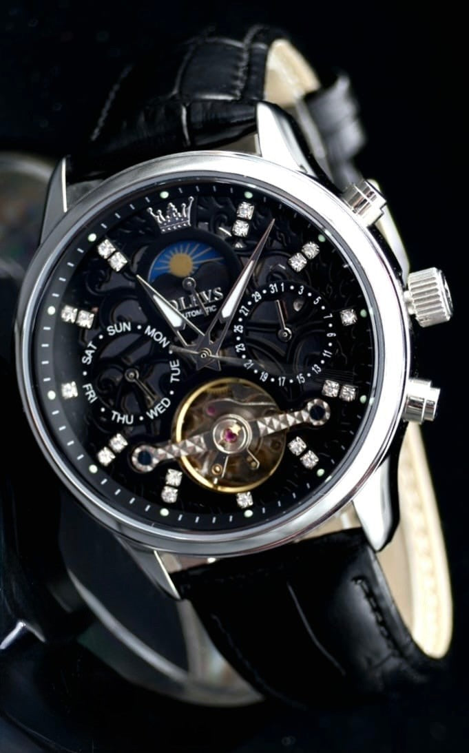 OLEVS Herren Automatik Uhr Armbanduhr Edel Schwarz Silber Farben mit Kalender1