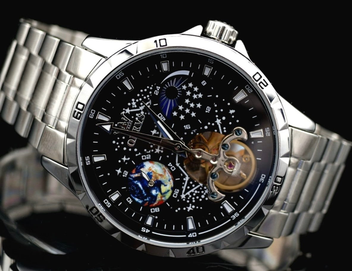 OLEVS Automatik Herren Armband Uhr Silber Farben Herrenuhr mit Weltraum Optik1