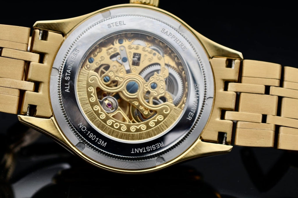 Lobinni Herren Männer Automatik Uhr Gold Farben Sapphire Glasboden NEU3