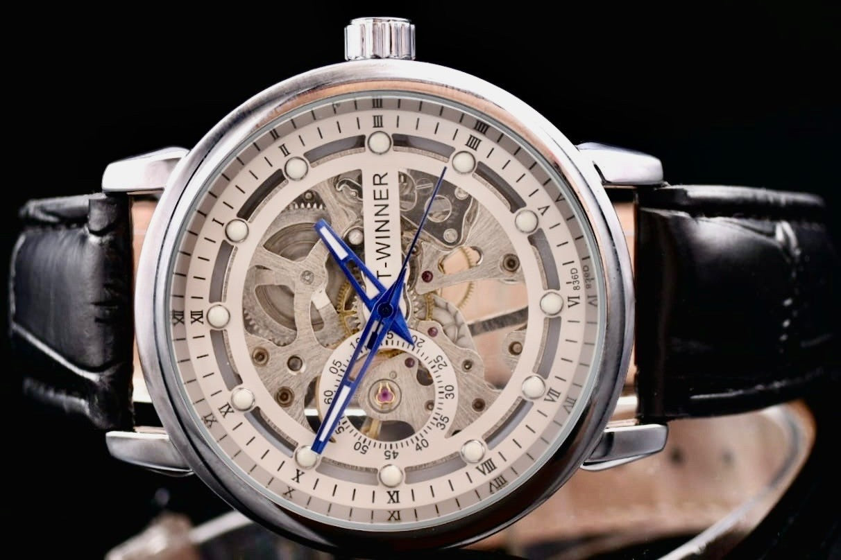 T-Winner Herren Automatikuhr Mechanisch Skelett Uhr Weiß Schwarz Farben 44mm1