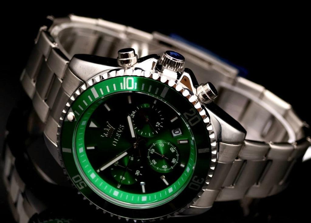 Herren Männer Armband Uhr Chronograph Stoppuhr Datum Grün Silber Farben NEU **1