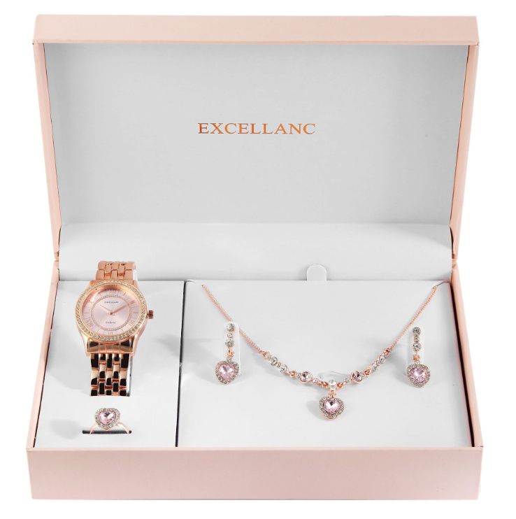 Excellanc Damen Geschenkset Armbanduhr Halskette und Ohrringe Rosé Rosa Farben1