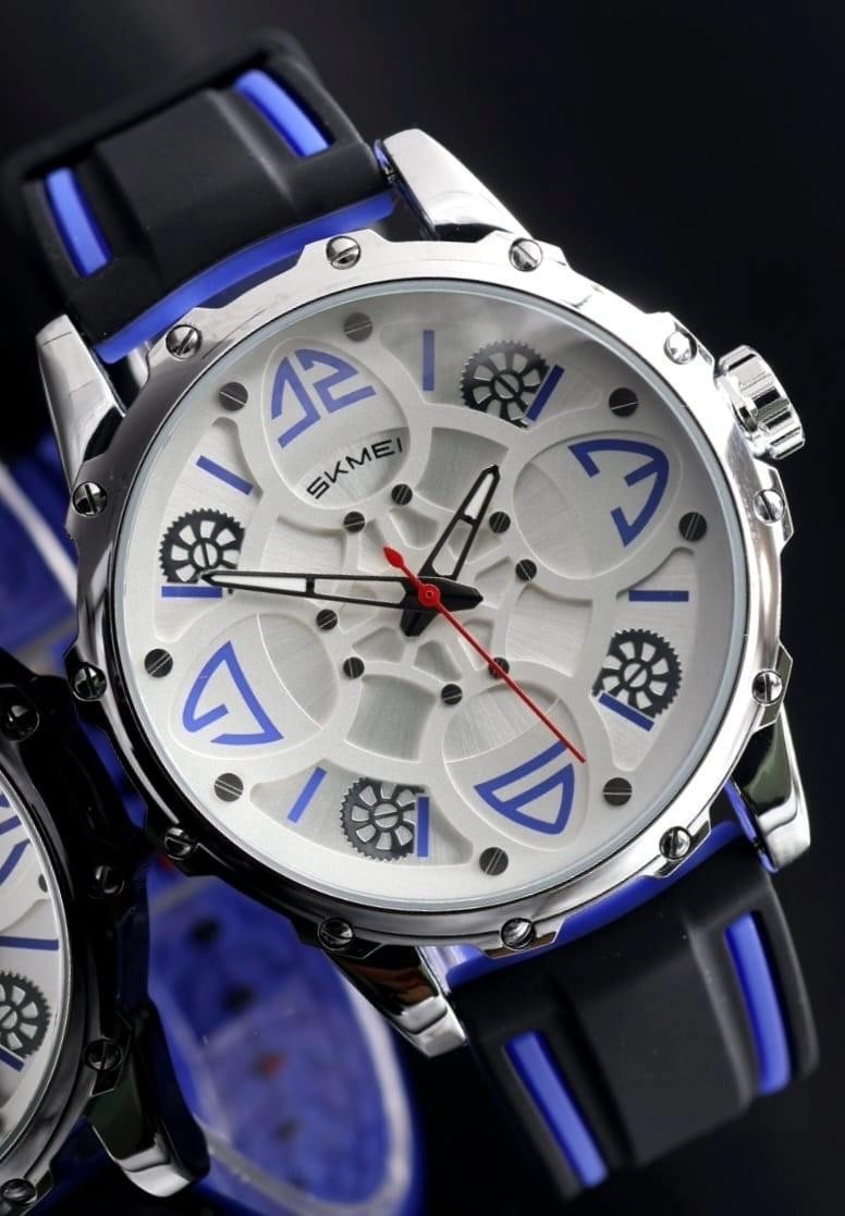 SKM - HERREN - UHR - SILIKONBAND - SCHWARZ - BLAU - LEUCHTZEIGER - 45MM - NEU0