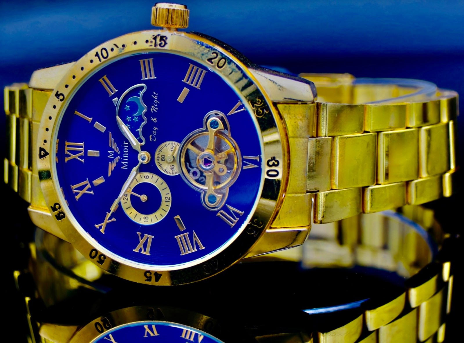 Schicke Minoir Automatik Herrenuhr  Blau Klassisch mit offenem Werk & Glasboden1