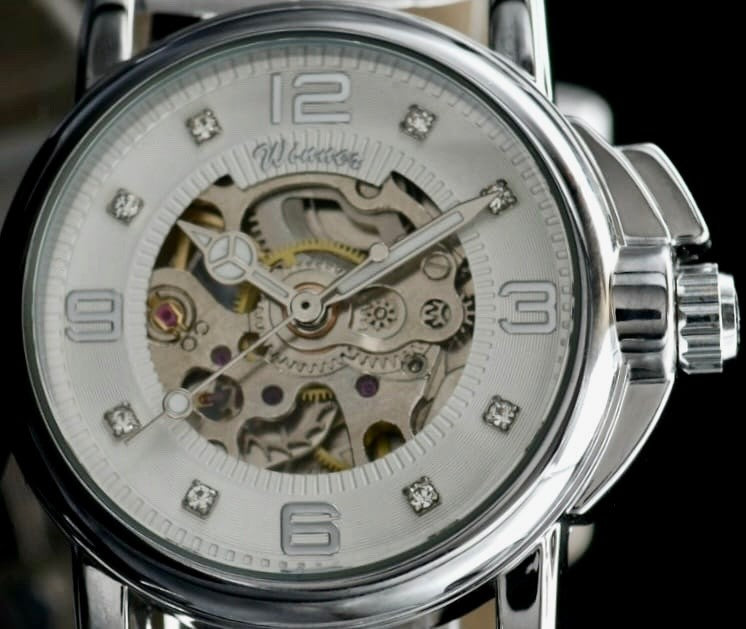 Winner Damen Automatikuhr Skelett Uhr Modisch Silber Weiß  Farben Leder Strass2