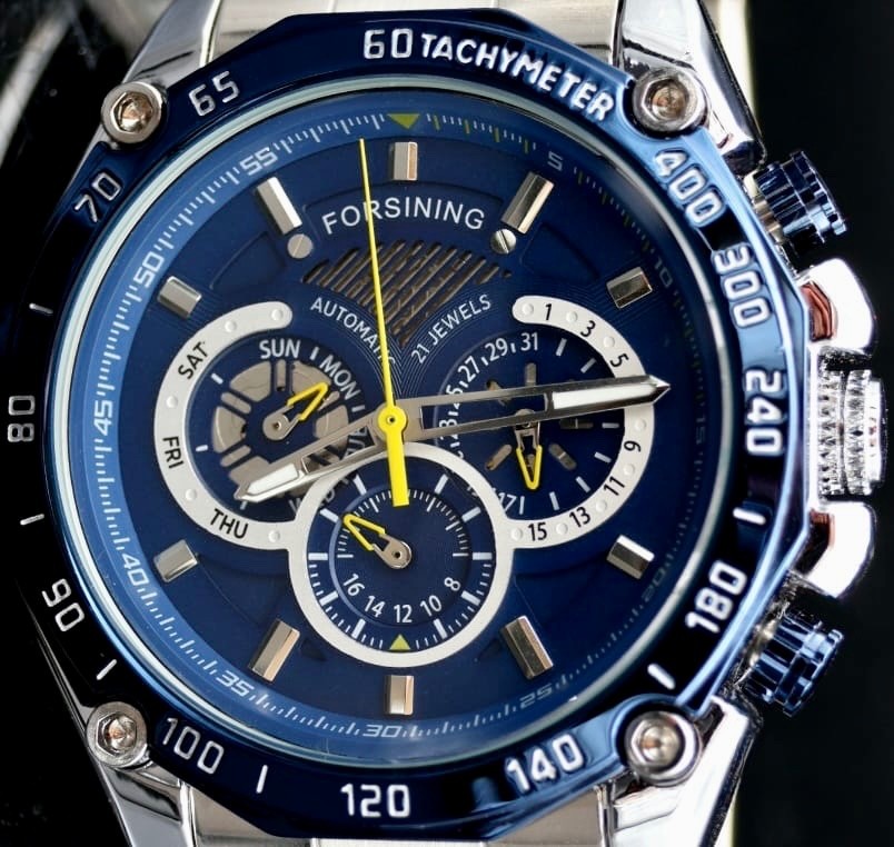 Sportliche Herren Männer Automatik Uhr Blau Silber Farben Kalender Top Design1