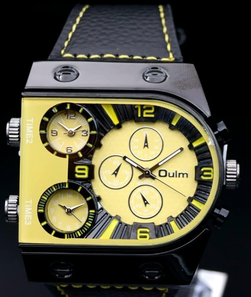 Dual Timer Herrenuhr Gelb Schwarz Farben Leder Armband Männer Uhr im Chrono Look0