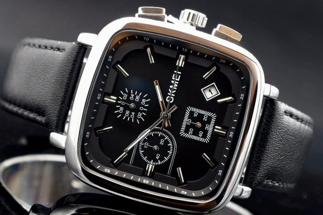 HERRENUHR - CHRONOGRAPH - SKM - STOPPFUNKTION - DATUM - LEDER -  SCHWARZ - 40MM1