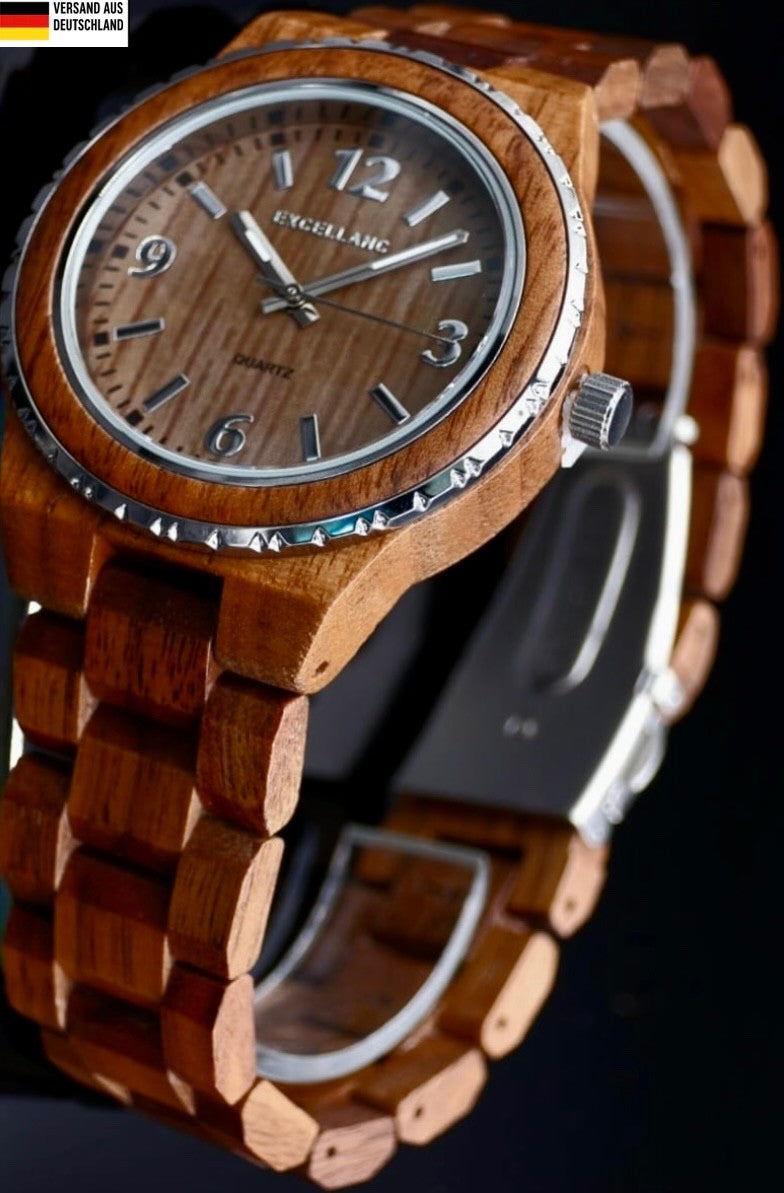 Excellanc  Damen Herren Unisex Holz Armband Uhr Braun Silber Farben Walnussholz0