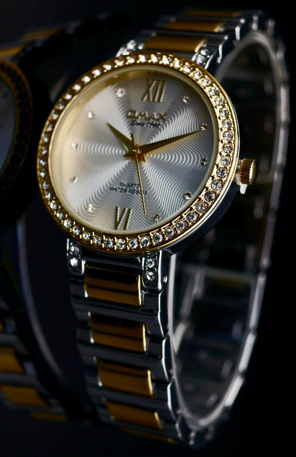 Omax Damen Armband Uhr Silber Gold Farben Bicolor Damenuhr Strass IP Veredelt ¨0