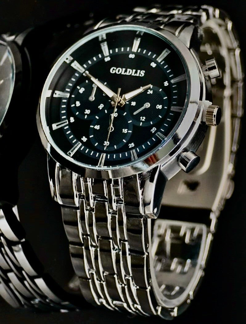 Edle Herren Armband Männer Uhr  Schwarz Silber Farben Chrono Look Quarz *NEU1