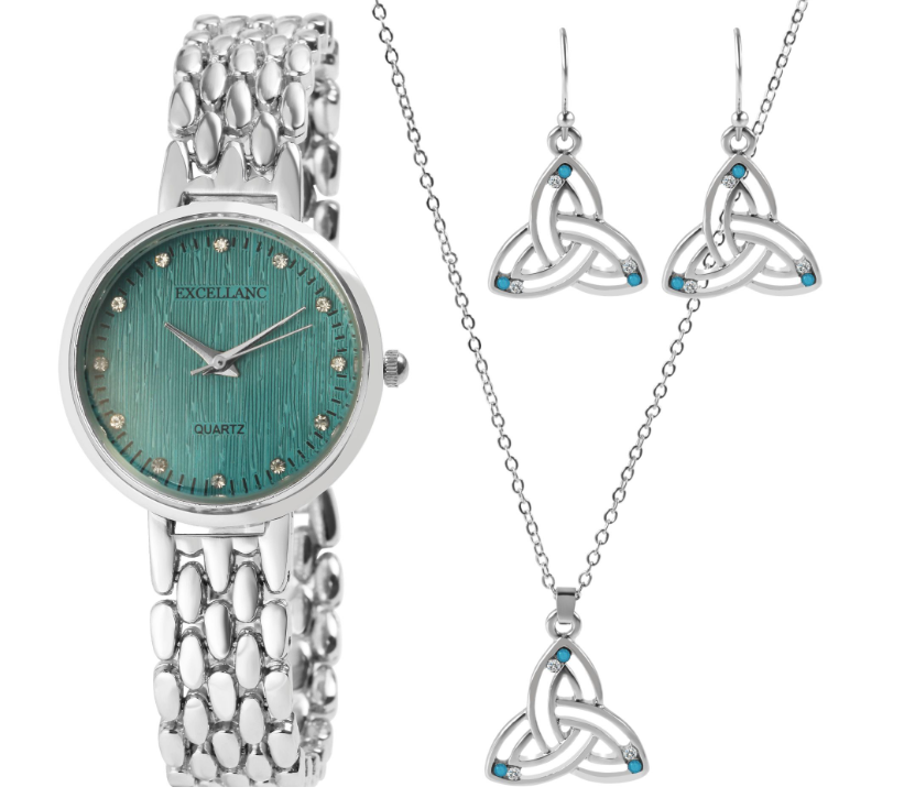 Excellanc Damen Geschenkset Armbanduhr Halskette und Ohrringe Silber Blau Farben1