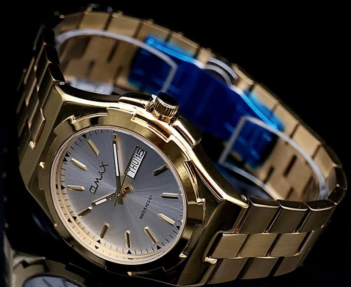 Omax Herren Armband Uhr Datum Herrenuhr IP Veredelt Silber Gold Farben NEU0