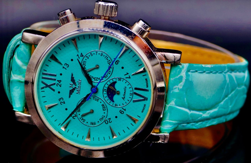 Edle Herren Uhr Automatik Armbanduhr Minoir Herren mit Lederband Türkis Farben1