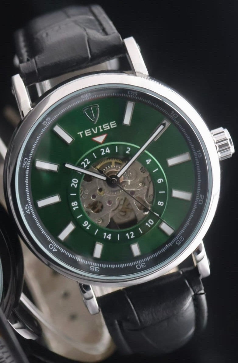 TEVISE Herren Automatik Armband Skelett Uhr Grün Schwarz Leder Sichtboden 42mm0