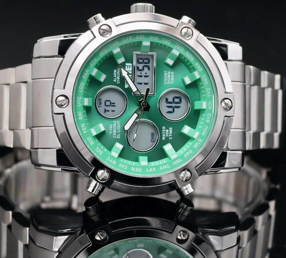 Digital & Analog Herren Männer Uhr Armbanduhr Sport Design Grün Silber 48mm NEU1