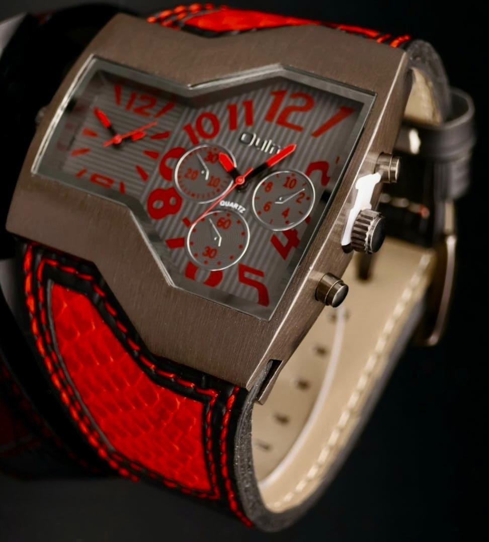 Dual Timer Herrenuhr Braun Rot Farben Leder Armband Männer Uhr im Chrono Look0