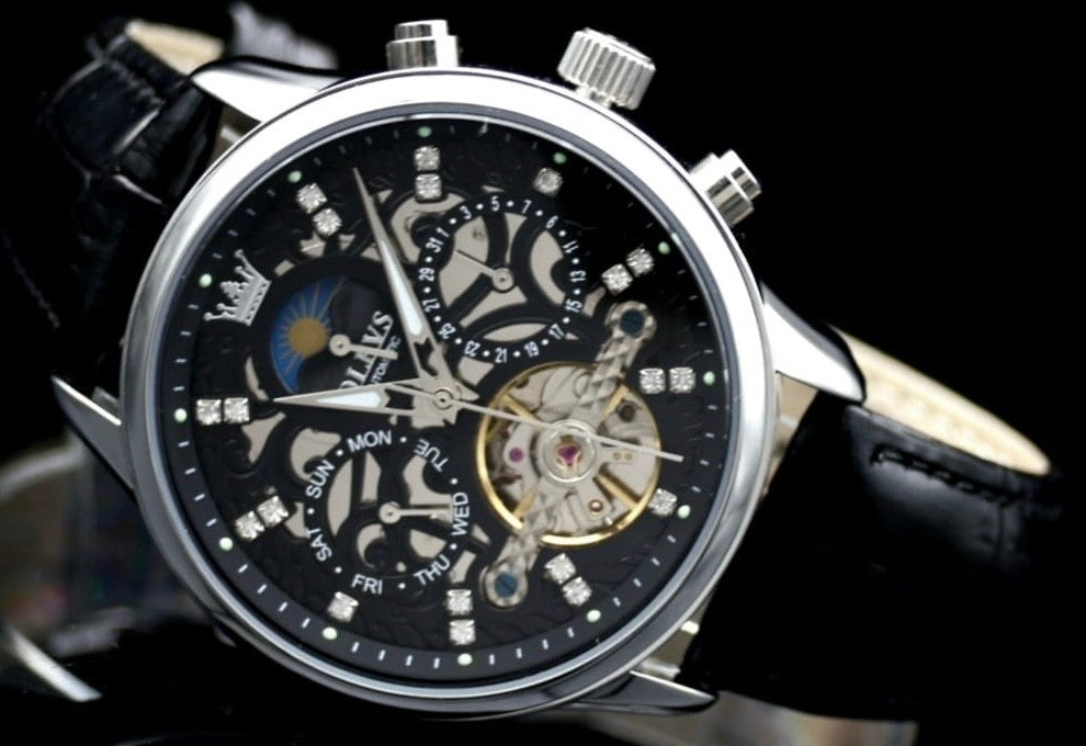 OLEVS Herren Automatik Uhr Armbanduhr Edel Schwarz Silber Farben mit Kalender2