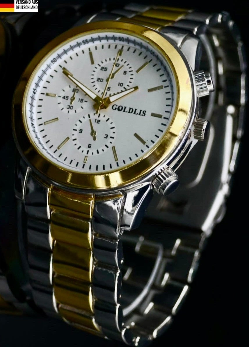 Herren Armband Männer Uhr Silber Gold Farben Bicolor Chrono Look ¨0