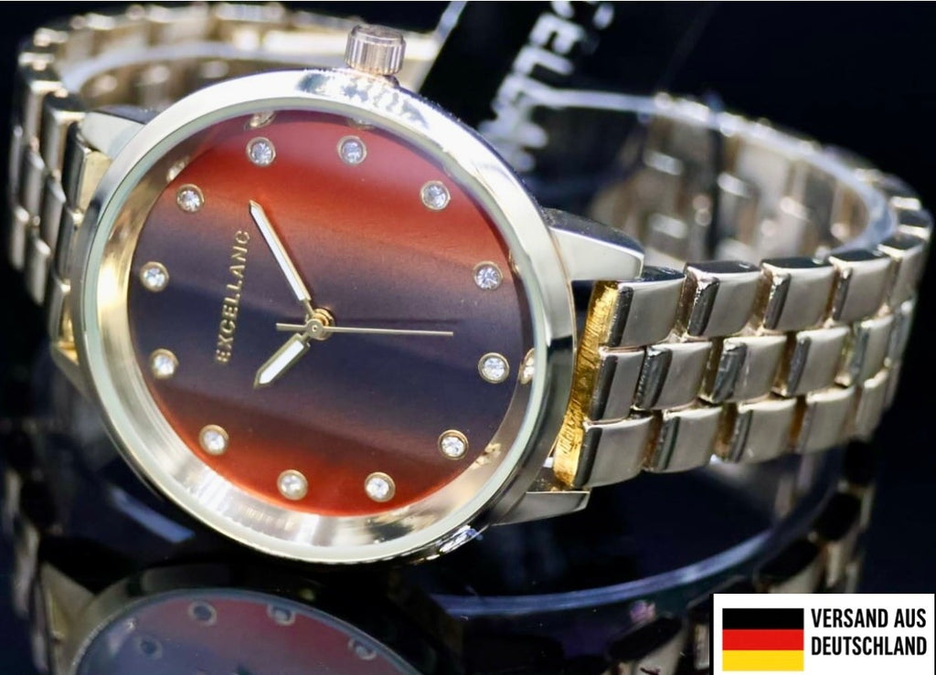 Excellanc Damen  Armband Uhr Schwarz Rot Gold Farben Damenuhr  Strass0