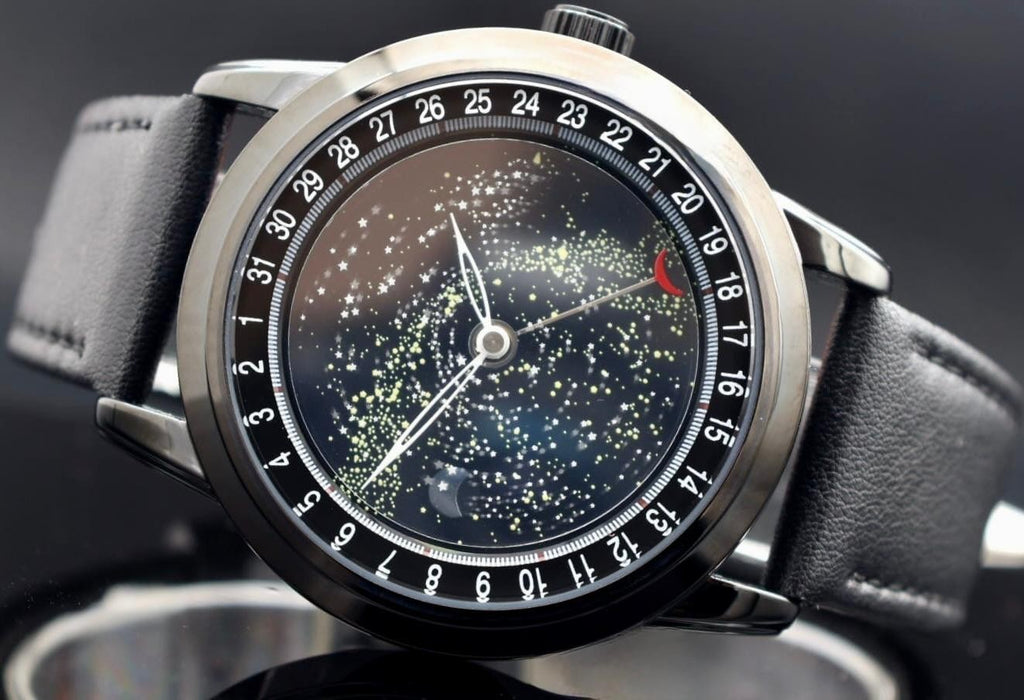 SKM HERRENUHR  - GALAXIE STERNENHIMMEL - ANIMIERT - LEDERARMBAND - DATUM - NEU1