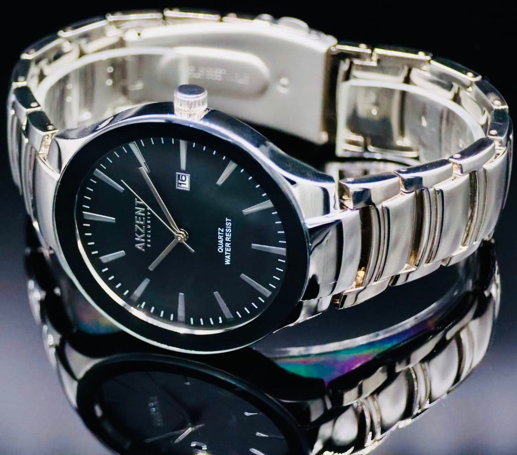 Akzent Herren Männer Armband Uhr Schwarz Silber Farben Datum Flaches Design NEU1