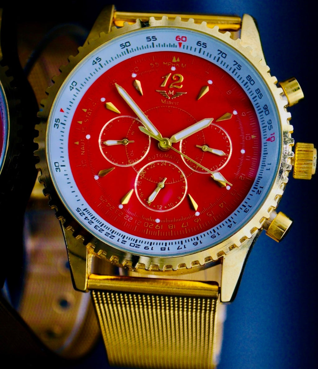 Edle Minoir Herren Männer Uhr Automatikuhr Armbanduhr Rot Gold Farben Herrenuhr0
