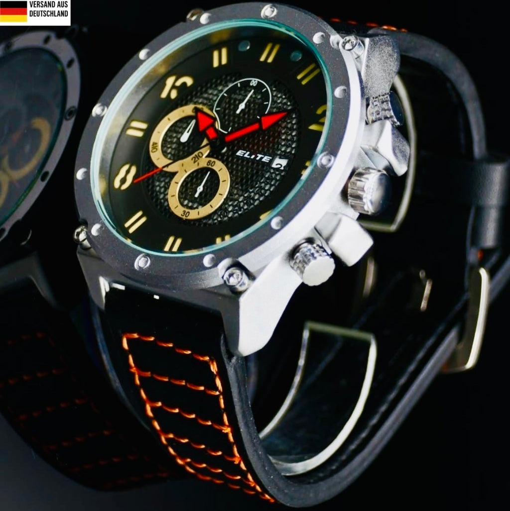 Elite Herren Armband Uhr Chronograph Datum Schwarz Silber Orange Farben0