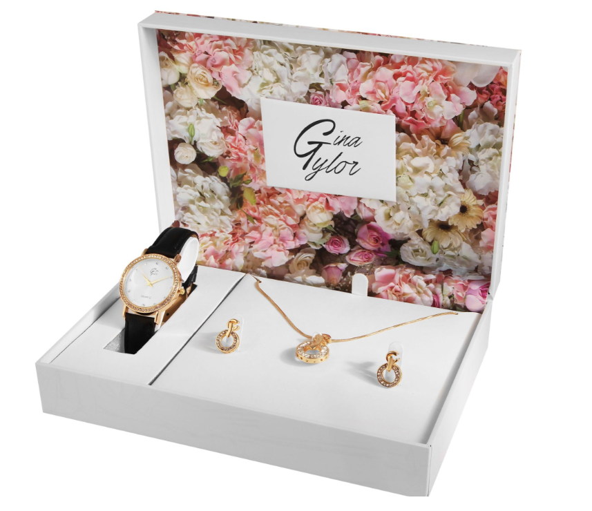 GinaTylor Damen Geschenkset Armbanduhr Halskette und Ohrringe Schwarz Goldfarbig0