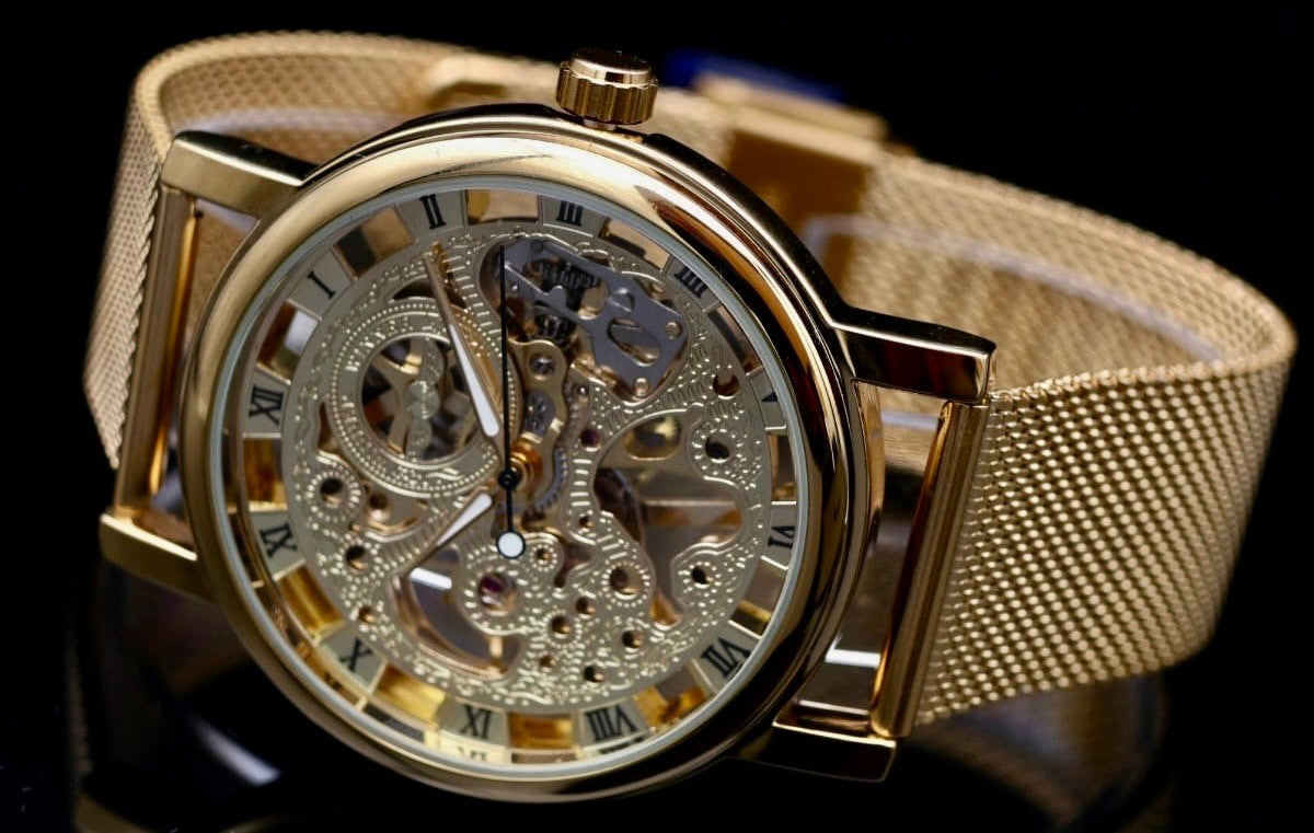 Elegante Herren Männer Automatik Uhr Gold Farben mit goldenem Mesh Band NEU0