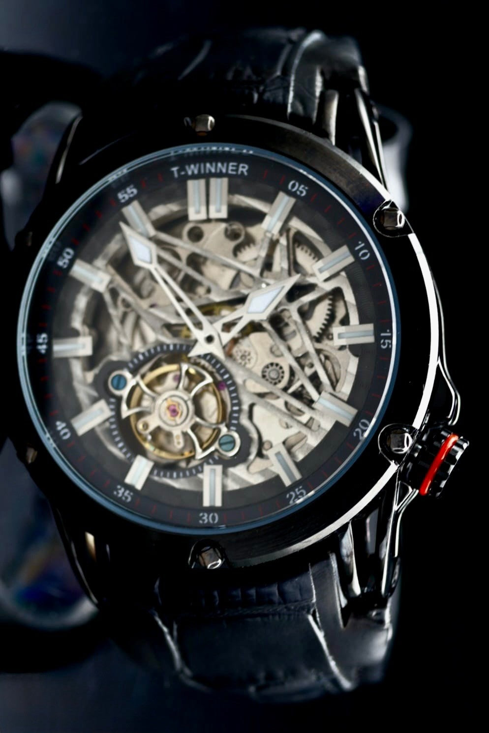 T-WINNER Herren Automatikuhr Sport Design Schwarz Skelett Uhr Lederarmband0