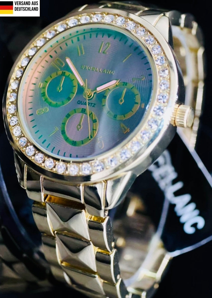 Excellanc Damen Armband Uhr Gold Farben Damenuhr Strass Chrono-Look0