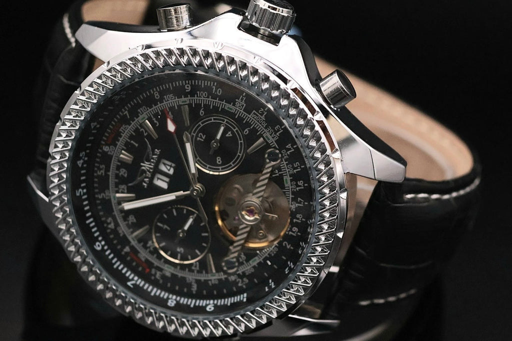 Edle JARAGAR Herren Automatikuhr Herrenuhr Schwarz Silber Farben + Offene Unruh1