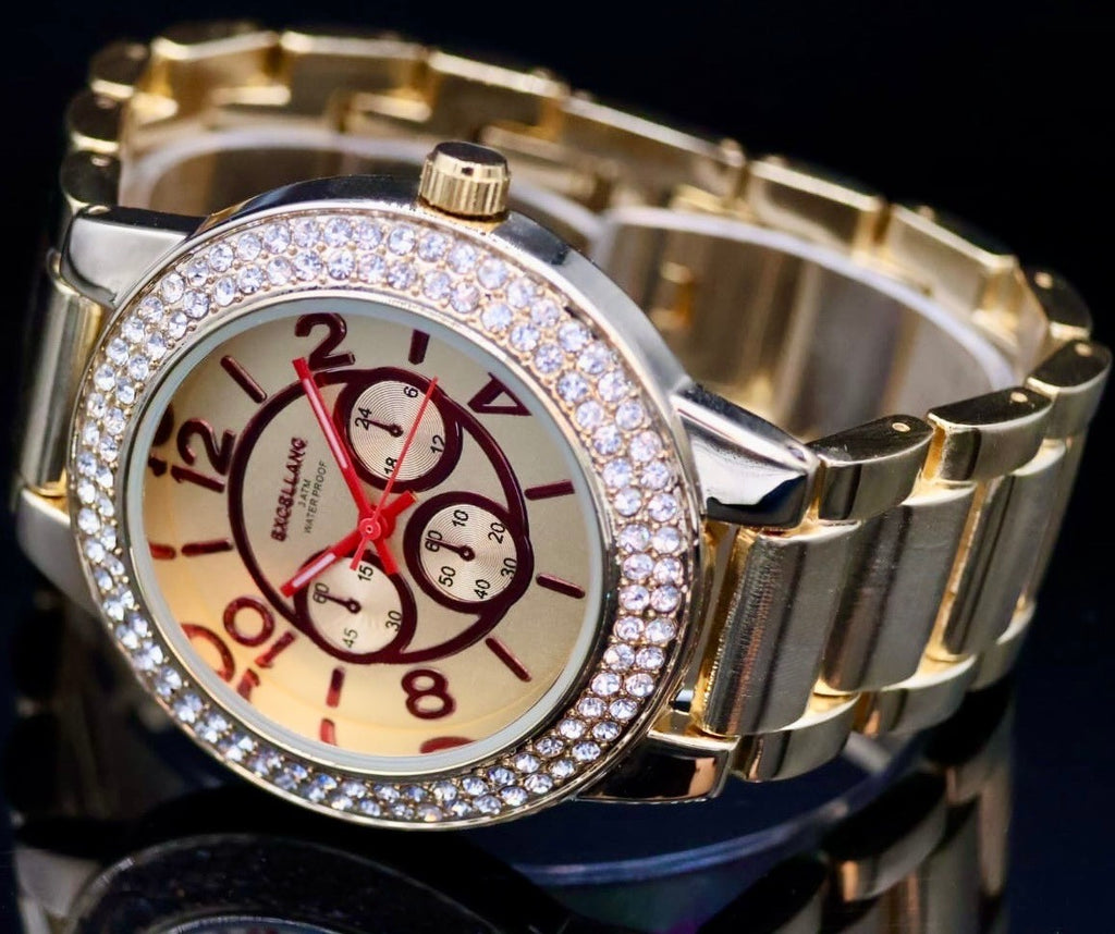 Excellanc Damen Frauen Armband Uhr Gold Farben Damenuhr Mineralglas Strass *1