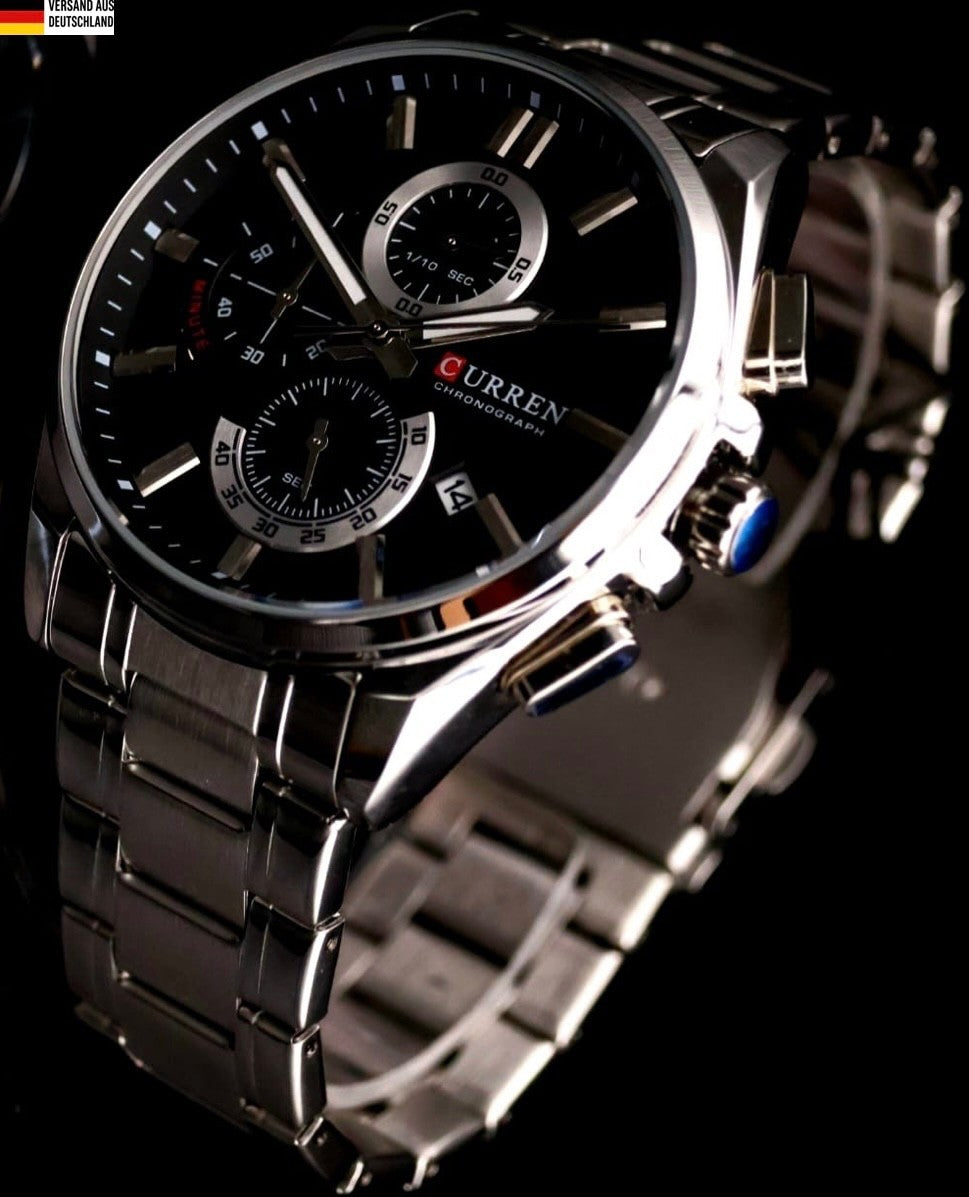 Herren Armband Uhr Edelstahl Chronograph Stoppuhr Datum Schwarz Silber Farben #0