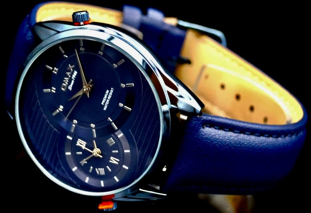 Omax Herren Armband Uhr Blau Dual Timer Lederband  NEU mit Box *1